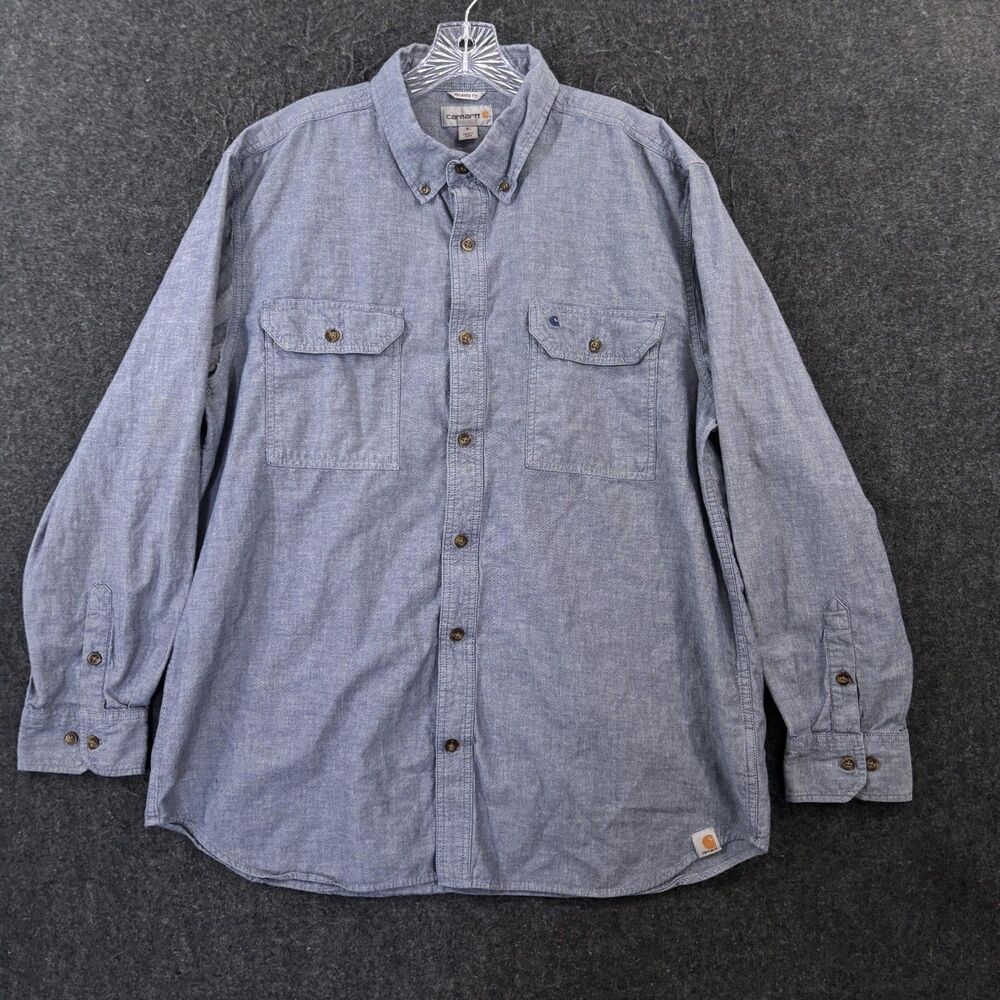Carhartt Shirt Men's XL Blue Chambray Button Down Pockets Relaxed Fit Workwear